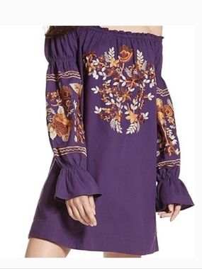 Free People Off-Shoulder Purple Embroidered Floral Dress Medium
